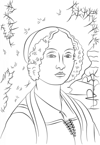 Portrait Of Ginevra Benci By Leonardo Da Vinci Coloring Page